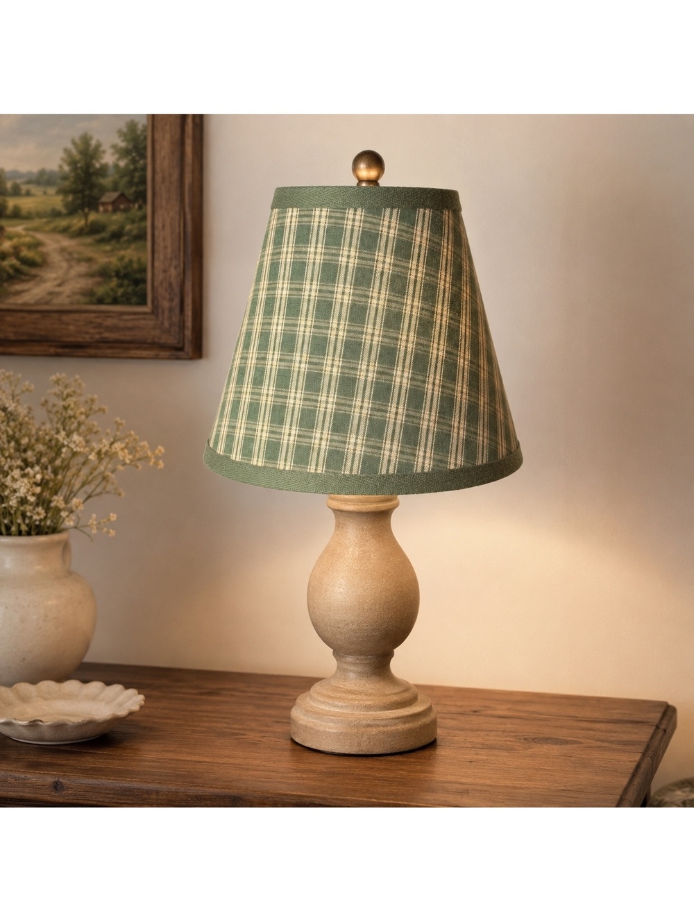 Vintage Green Plaid Fabric Lamp Shade 7 Inch Cottage Country Table Lamp Shade